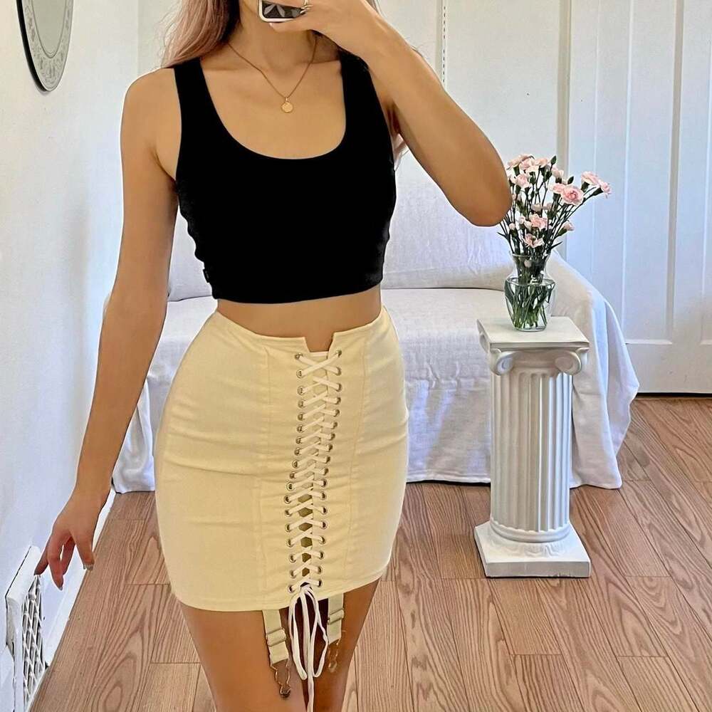 Cream Lace-Up Corset Mini Skirt with Garter Details, Size Small - Picture 1 of 4